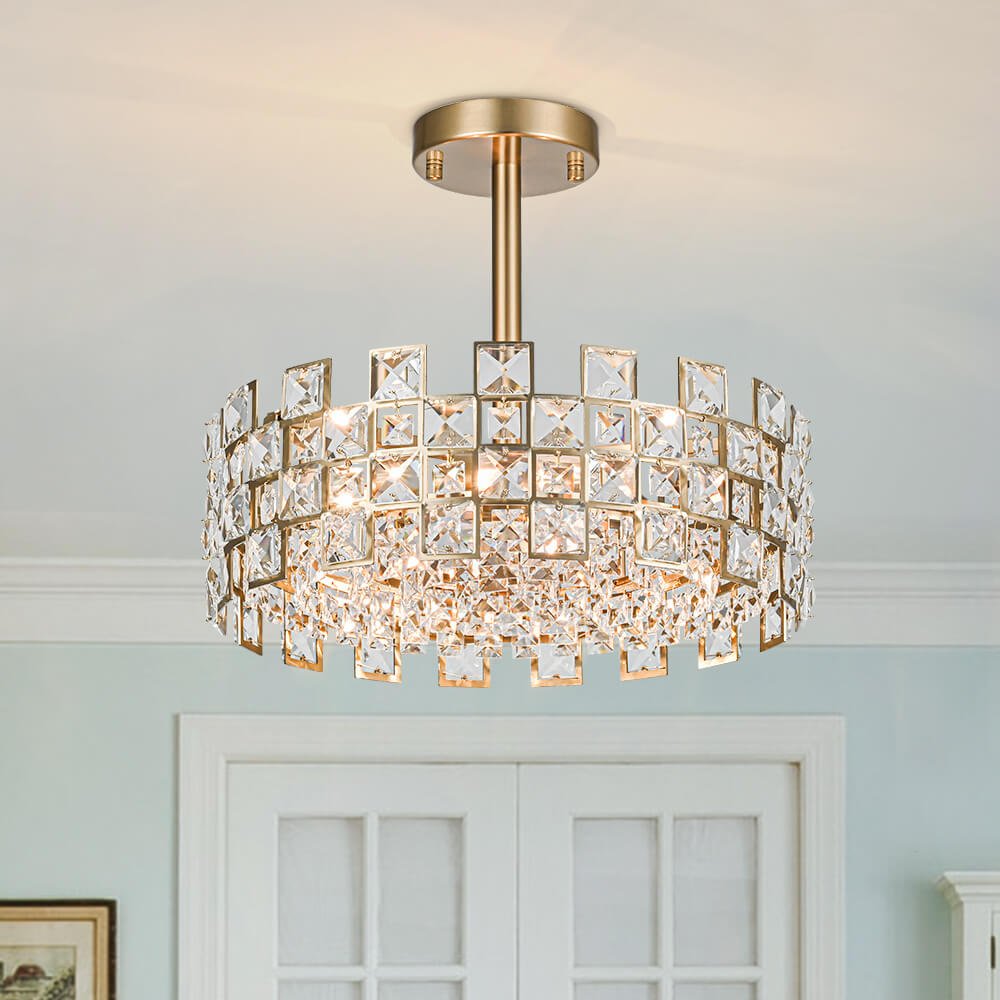 Deckenleuchte Kristall Trommel 4-flammig Chrom Messing Dimmbar 38cm Wohnzimmer Glamour