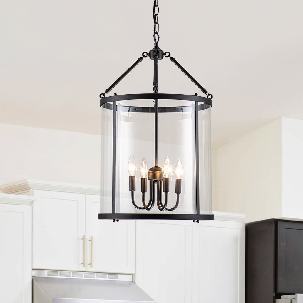 Hängelampe Laterne Zylinder Glas 4-flammig Schwarz Chrom 45cm Esszimmer Kücheninsel Dimmbar