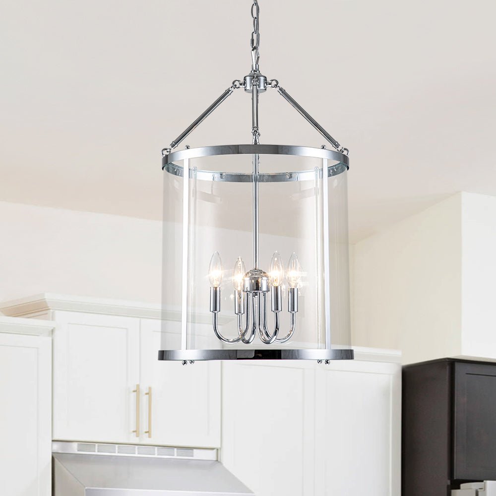 Hängelampe Laterne Zylinder Glas 4-flammig Schwarz Chrom 45cm Esszimmer Kücheninsel Dimmbar