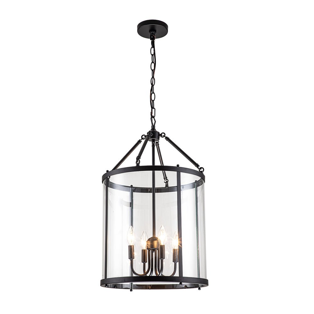 Hängelampe Laterne Zylinder Glas 4-flammig Schwarz Chrom 45cm Esszimmer Kücheninsel Dimmbar