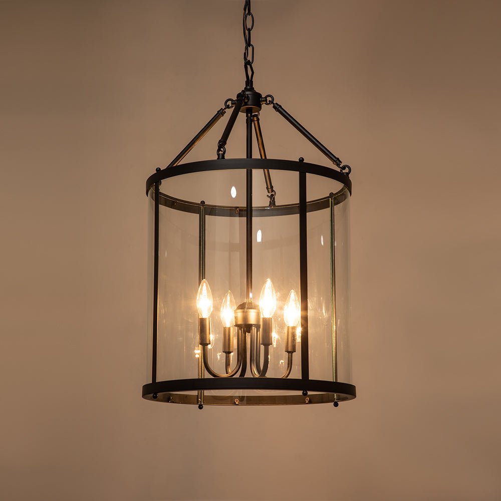 Hängelampe Laterne Zylinder Glas 4-flammig Schwarz Chrom 45cm Esszimmer Kücheninsel Dimmbar