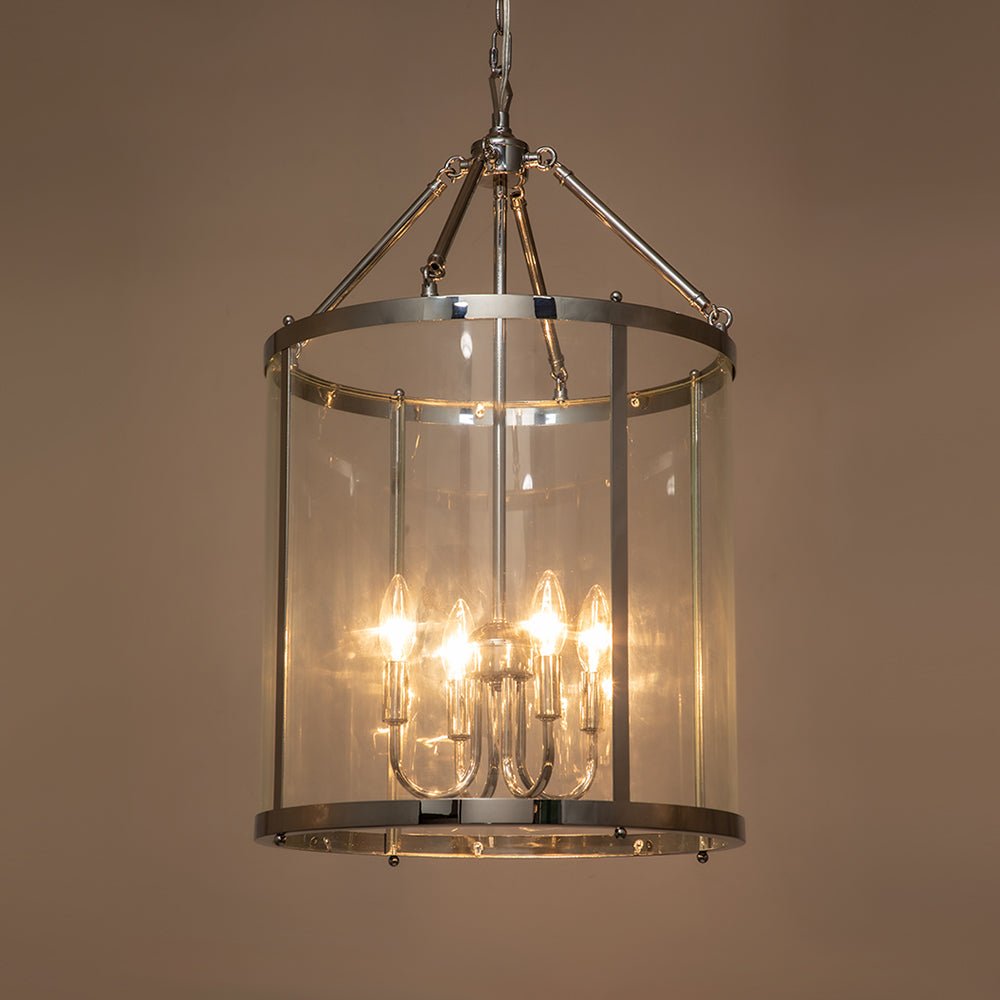 Hängelampe Laterne Zylinder Glas 4-flammig Schwarz Chrom 45cm Esszimmer Kücheninsel Dimmbar