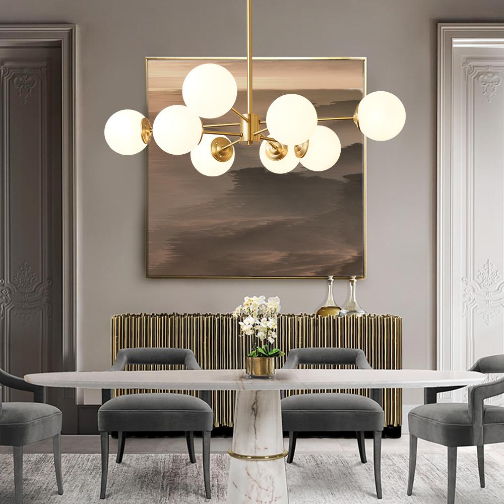 Moderne Sputnik-Kronleuchter mit Opalglaskugeln in Gold oder Schwarz – dimmbare Design-Hängelampe 6, 8 oder 12 Flammen | Restfield