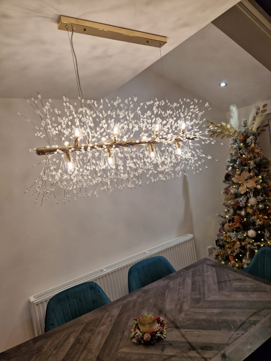Luxuriöse lineare Kristall-Pendelleuchte mit 12 Lichtpunkten in Gold oder Chrom – moderne Inselbeleuchtung 92 cm | Restfield