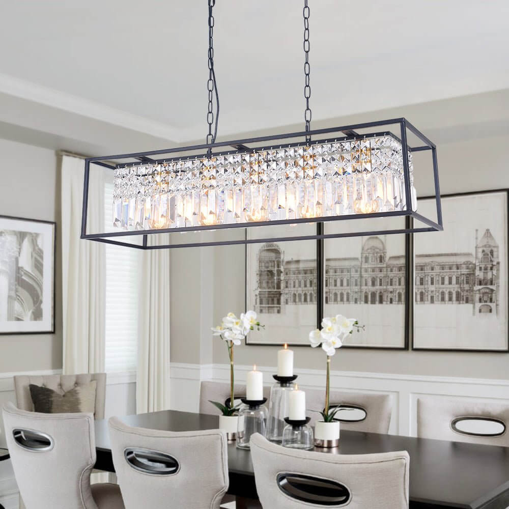 Suspension rectangulaire de luxe en cristal noir pour îlot de cuisine et table à manger avec 5 points lumineux | Restfield