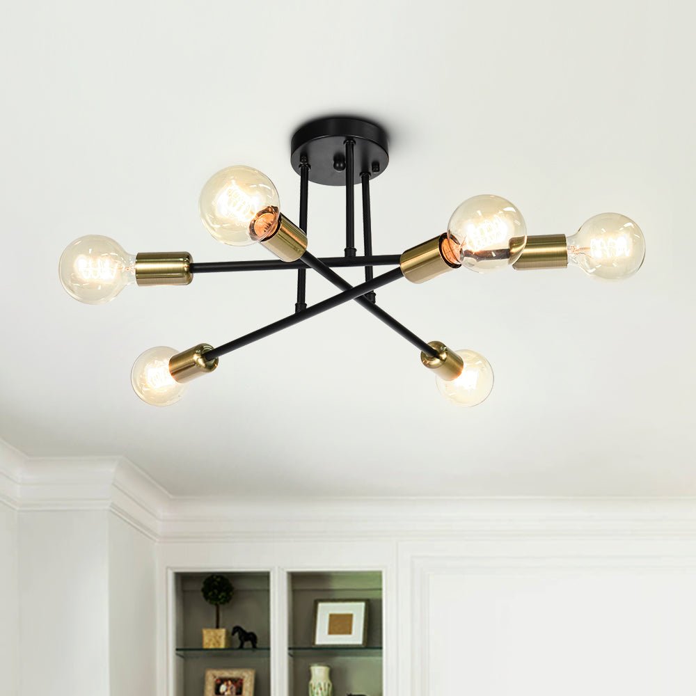 Messing Sputnik-Deckenleuchte mit 6 Flammen – Semi-Flush-Design für niedrige Decken 60 cm | Restfield