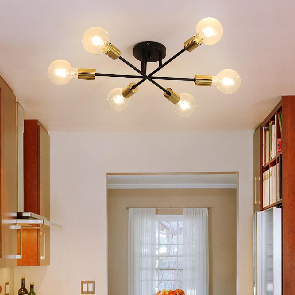 Messing Sputnik-Deckenleuchte mit 6 Flammen – Semi-Flush-Design für niedrige Decken 60 cm | Restfield