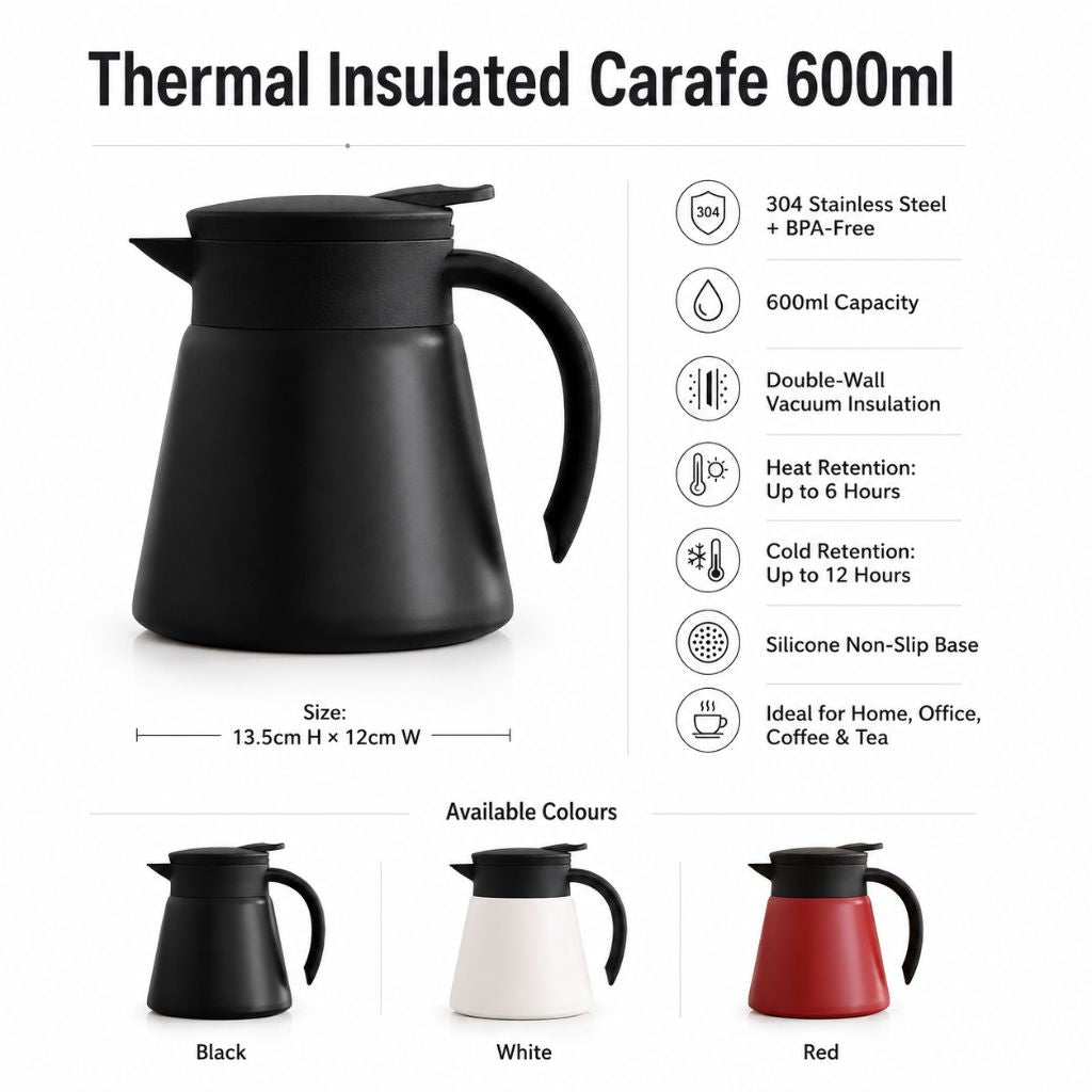 Vacuüm Thermoskan 600ml RVS Dubbelwandig Geïsoleerd voor Koffie Thee Kantoor Keuken Thuis Warm Koud Dranken | Sansoti