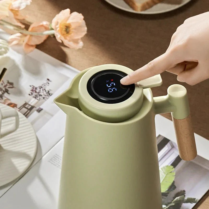 Thermoskan Met Temperatuur Display 1 Liter Houten Handvat Lekvrij | Sansoti