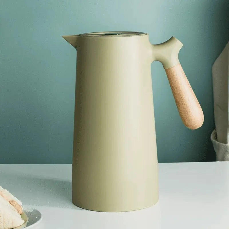 Carafe thermos avec poignée en bois, 1 l, en verre à double paroi, carafe à café, thé et isotherme, design scandinave | Sansoti