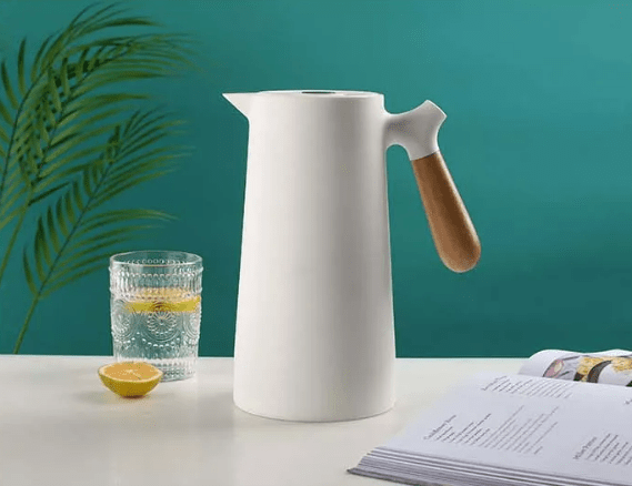 Carafe thermos avec poignée en bois, 1 l, en verre à double paroi, carafe à café, thé et isotherme, design scandinave | Sansoti