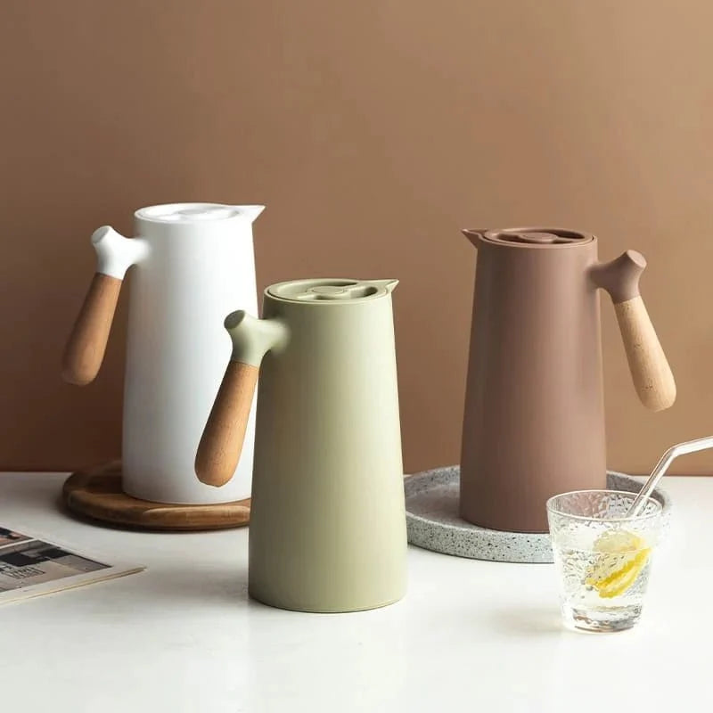 Carafe thermos avec poignée en bois, 1 l, en verre à double paroi, carafe à café, thé et isotherme, design scandinave | Sansoti