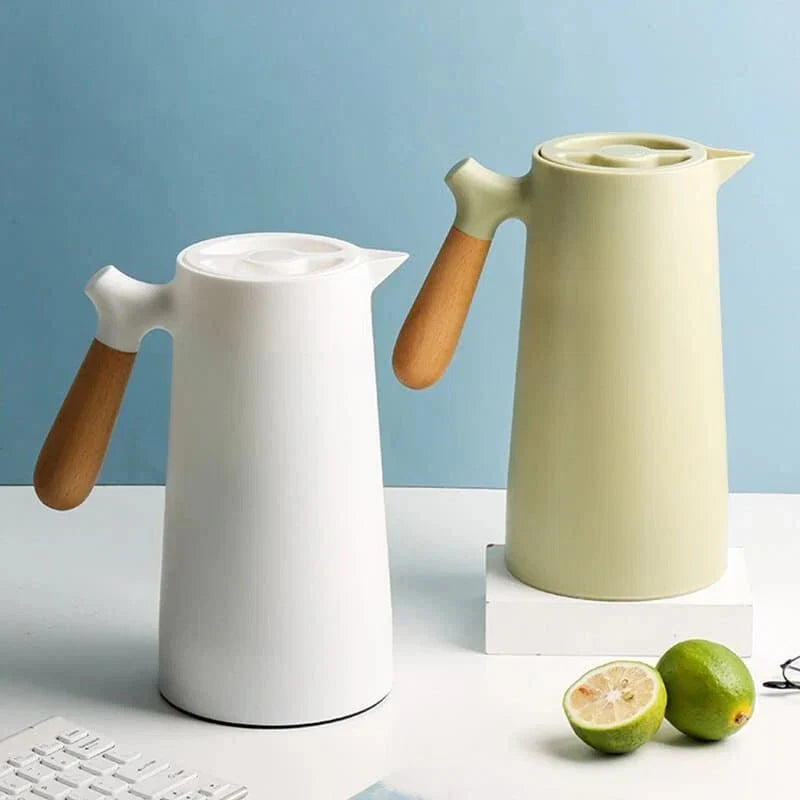 Carafe thermos avec poignée en bois, 1 l, en verre à double paroi, carafe à café, thé et isotherme, design scandinave | Sansoti