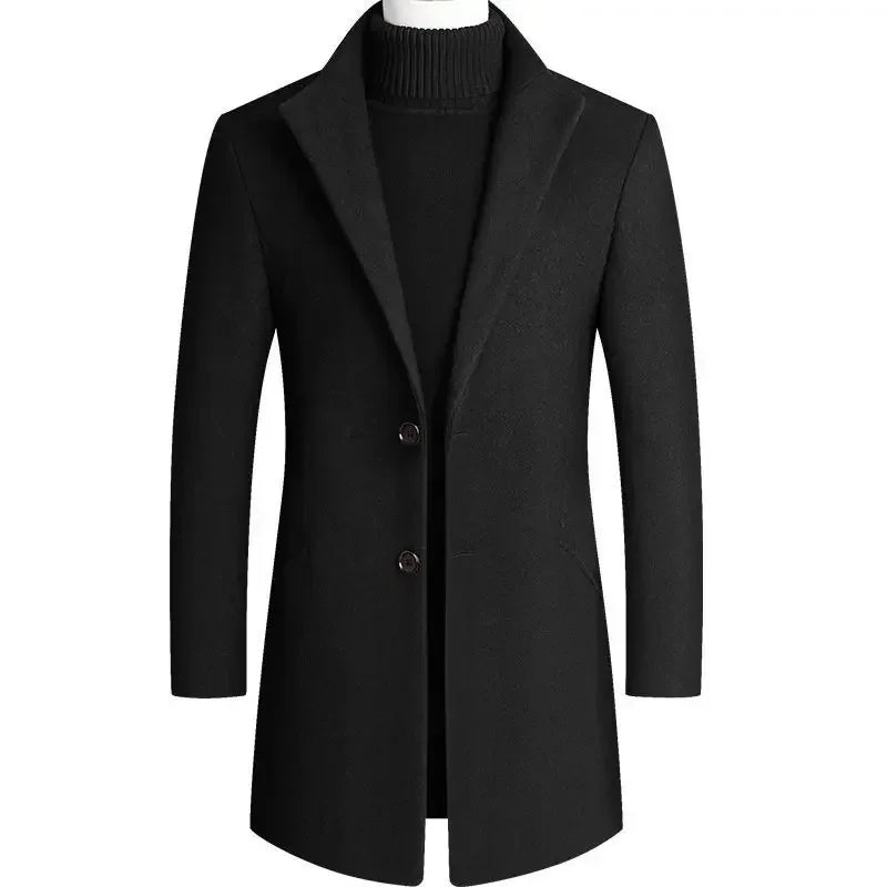 Wool Men's Coat with Lapel, Two-Button Closure, Mid-Length, Casual Winter Coat, Tailored Fit, Elegant Overcoat | Sansoti