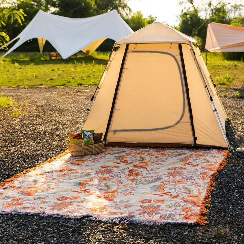 Katoenen Plaid met Boho Bloemenmotief – Oranje en Blauw op Crèmekleurige Ondergrond met Franjes – Decoratieve Sprei voor Bank en Bed | Sansoti