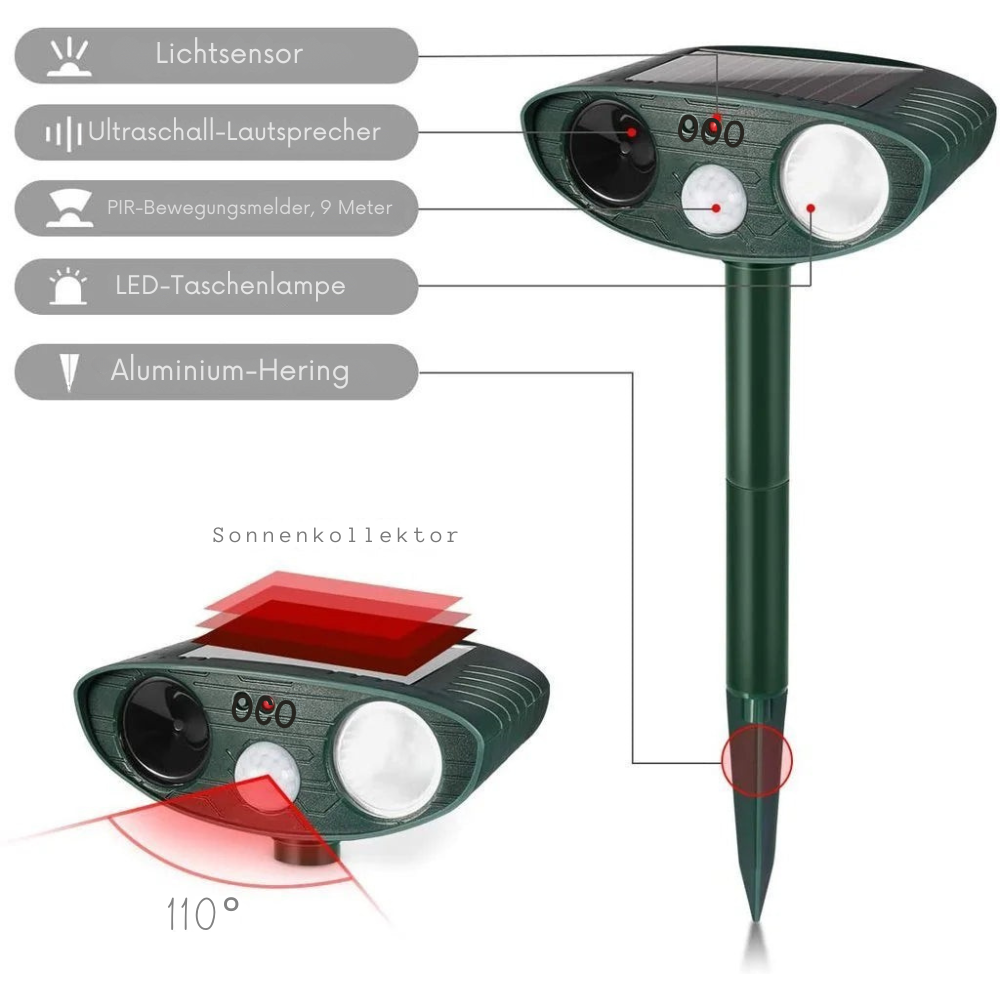 Solar Animal Repeller with Ultrasonic Sound 4-Piece Set – PIR 9.14m Range – 18–40 kHz Frequency – 110° Detection Angle for Garden and Wildlife Protection | Sansoti