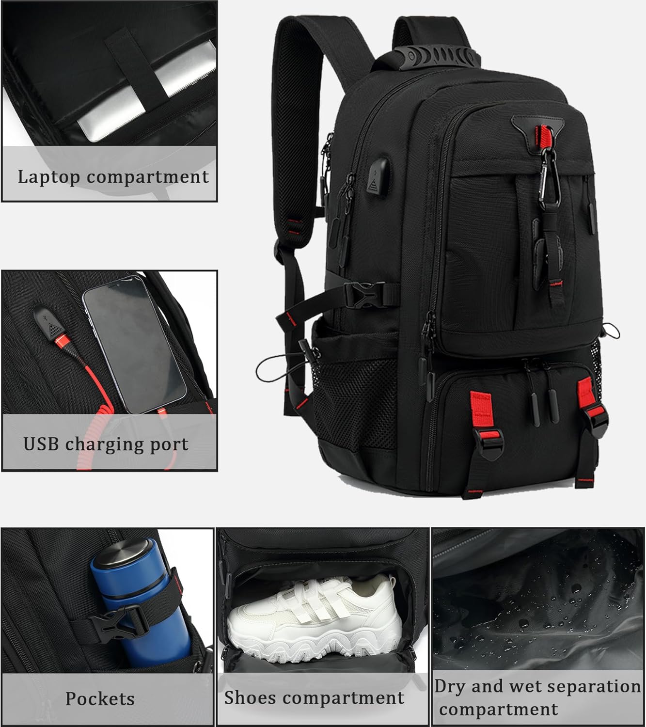 Waterdichte Reisrugzak 60L met USB en Schoenvak | Duurzame Backpack voor Laptops tot 17.3 inch | Anti-diefstal Rugtas voor Vliegreizen | Sansoti
