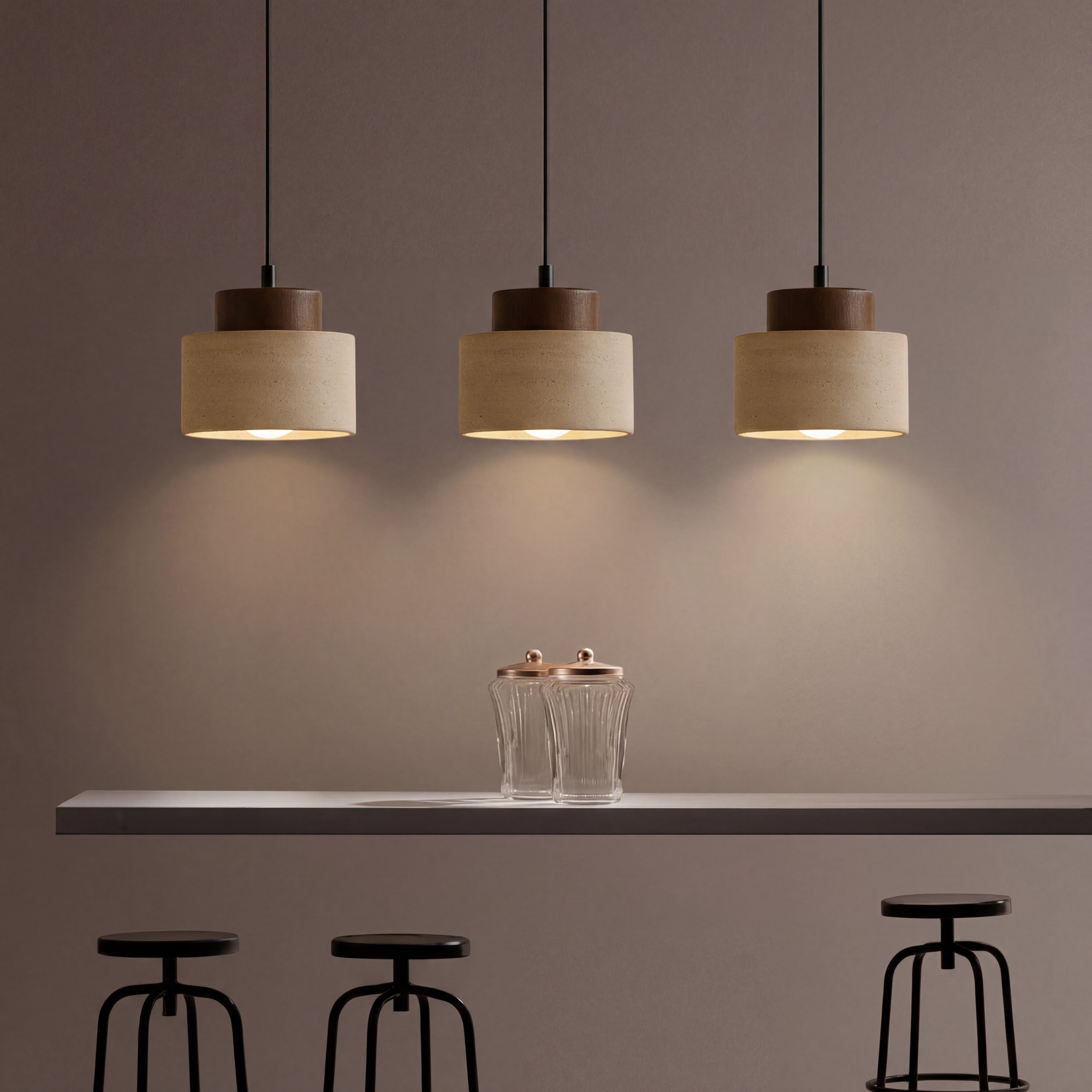 Suspension en travertin, pierre naturelle et bois, E27, cordon réglable, salle à manger, îlot de cuisine, style wabi-sabi scandinave | Sansoti