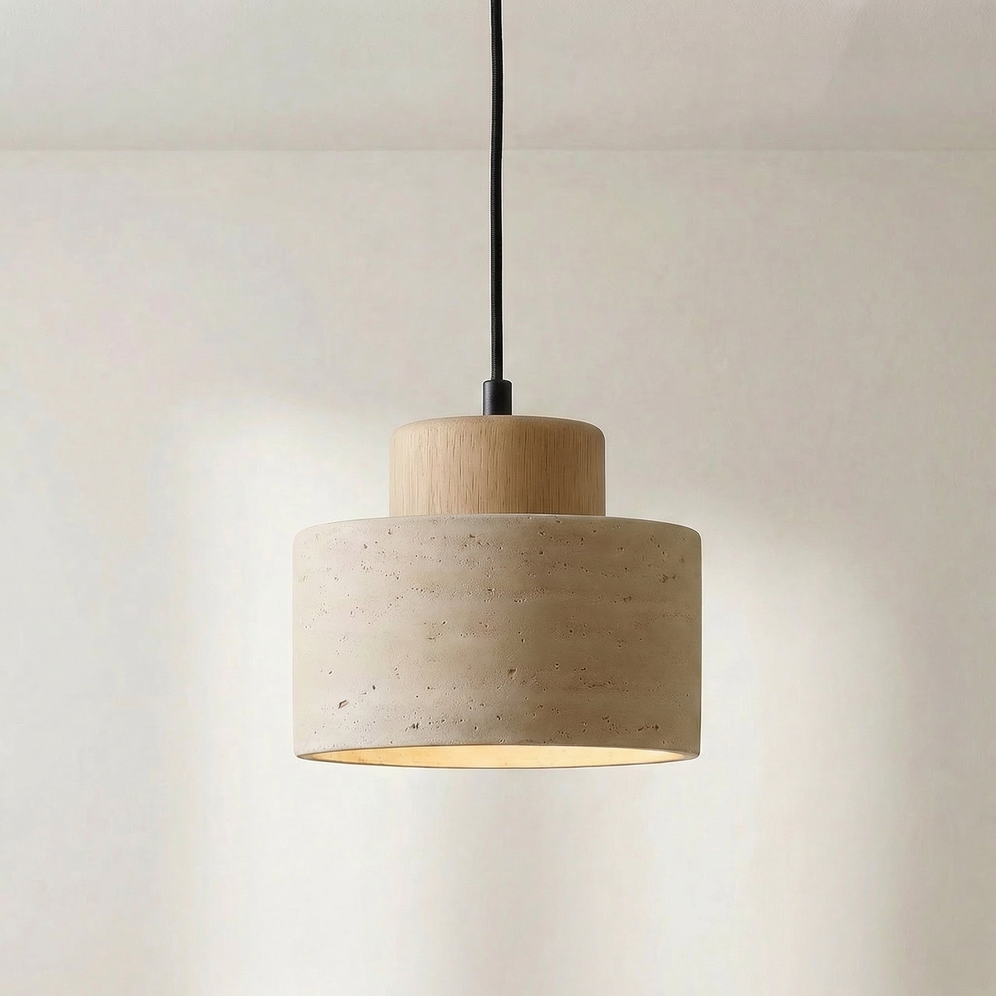 Suspension en travertin, pierre naturelle et bois, E27, cordon réglable, salle à manger, îlot de cuisine, style wabi-sabi scandinave | Sansoti