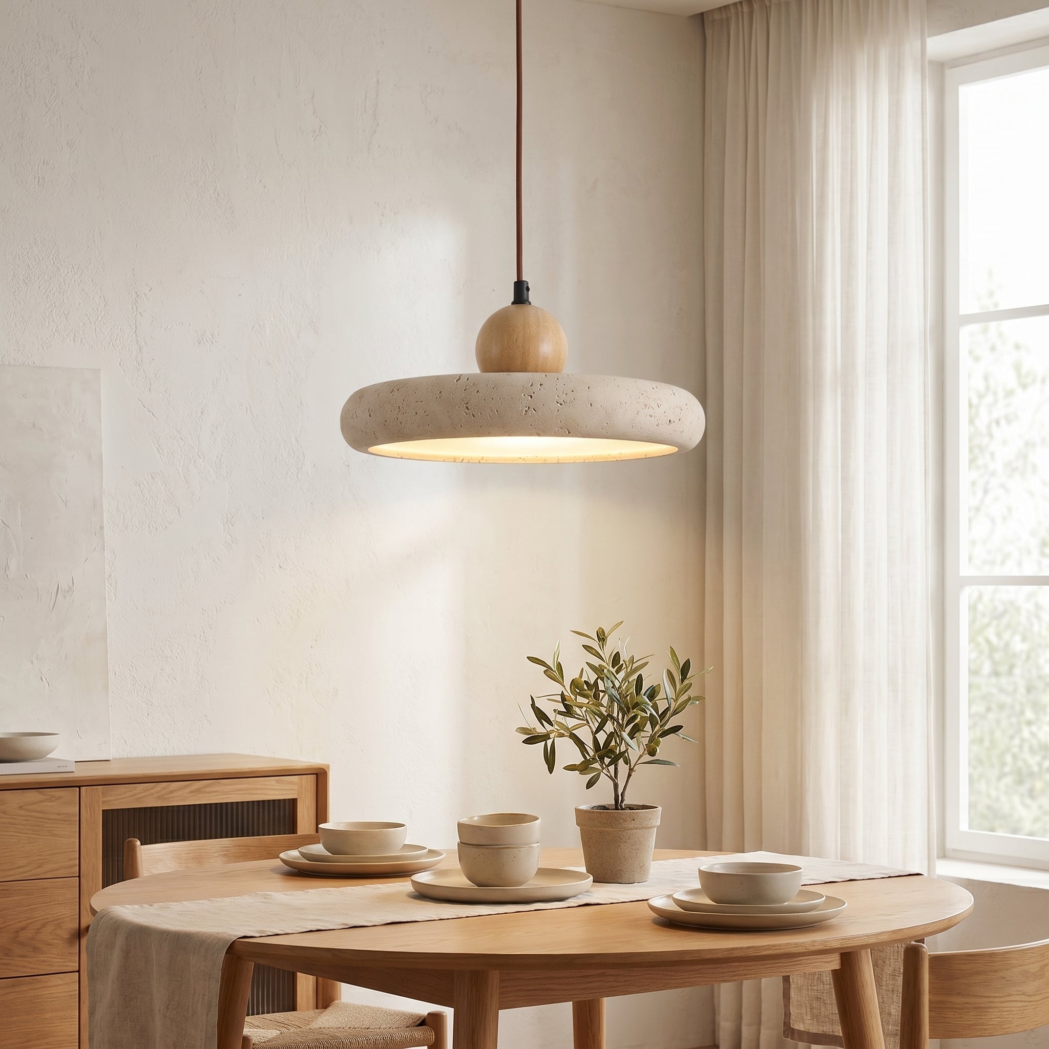 Lampa wisząca z trawertynu i drewna, naturalny kamień, LED, do jadalni, regulowana, design skandynawski, nastrojowe oświetlenie, ciepłe światło | Sansoti