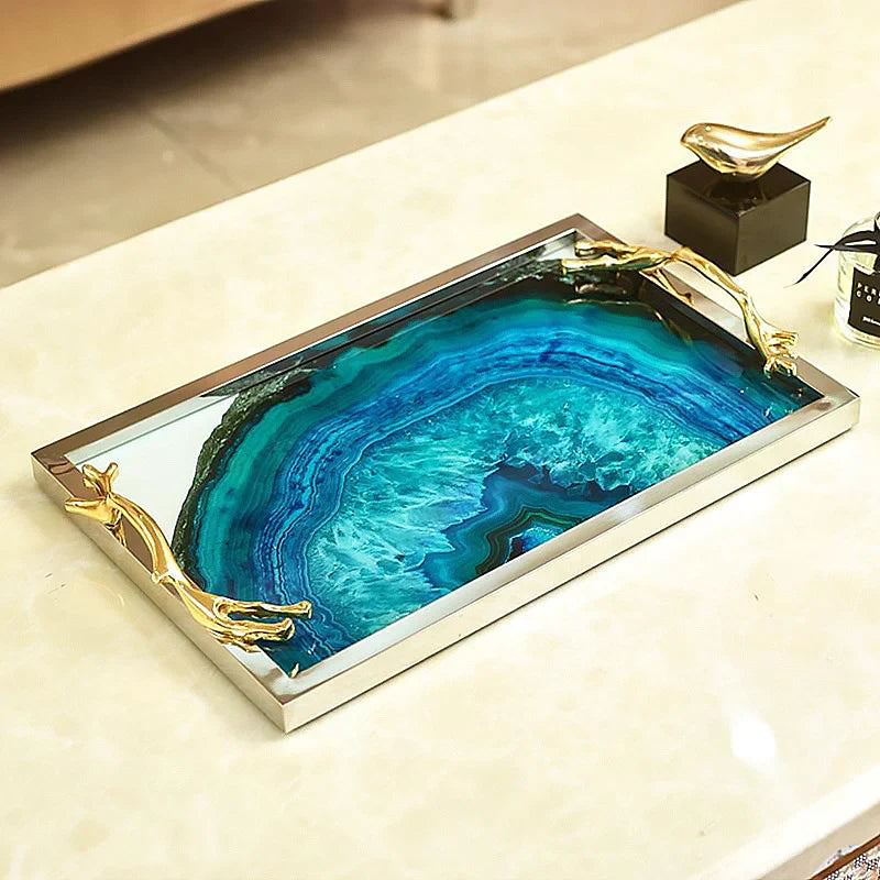 Decoratief Dienblad met Blauwe Agaatpatroon – Elegant Serveerblad met Glazen Inleg en Edelstalen Rand – Uniek Natuursteen Design voor Tafel en Interieur | Sansoti