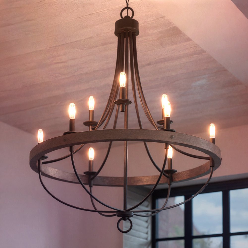 Kroonluchter Industrieel Rond Houtlook Staal Charcoal 90cm 9 Lichts | Sansoti