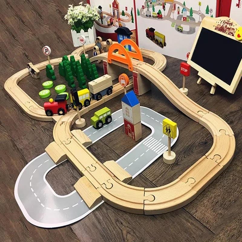 Circuit de train en bois avec rails, 78 pièces, jouet avec boîte de rangement incluse, jeu de construction éducatif pour enfants dès 3 ans | Sansoti