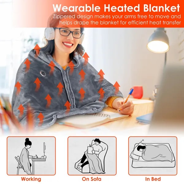 Heated Wearable Blanket with Zipper and USB Connection | 8 Heating Zones Fleece Wrap 150x79cm | Sansoti