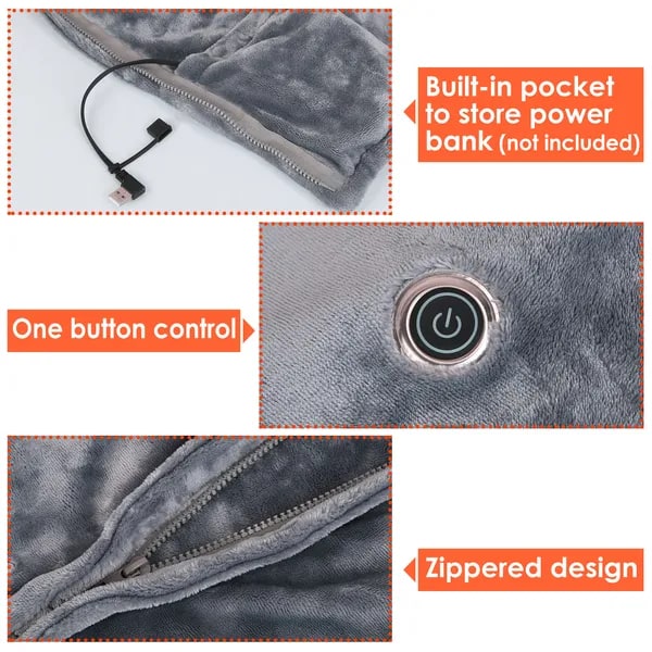 Heated Wearable Blanket with Zipper and USB Connection | 8 Heating Zones Fleece Wrap 150x79cm | Sansoti