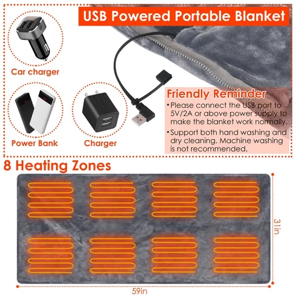 Heated Wearable Blanket with Zipper and USB Connection | 8 Heating Zones Fleece Wrap 150x79cm | Sansoti