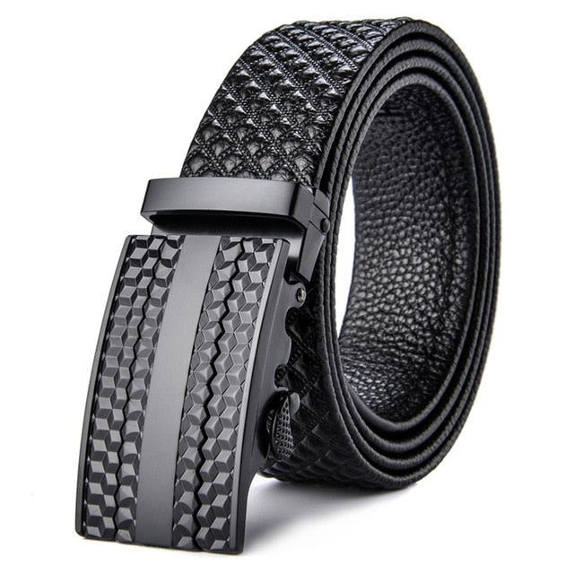 Men's Leather Belt Black Scratch-Resistant Waterproof - Genuine Cowhide with Modern Buckle 110-130cm Elegant Design | Sansoti
