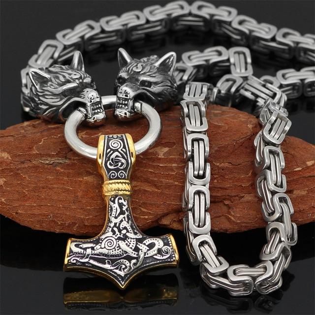 Roestvrij Stalen Schakelketting met Dubbele Wolfskop & Hamer Ornament 60-90cm Verstelbaar Unisex Sieraad | Sansoti