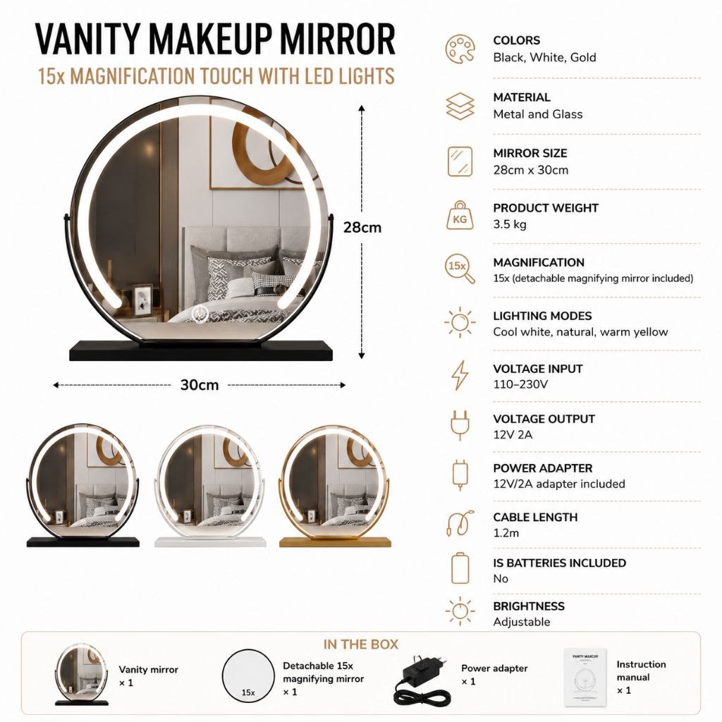 Make-up Spiegel met 15x Vergroting LED Verlichting 360° Draaibaar Touchbediening Dimbaar Bureau Kaptafel | Sansoti
