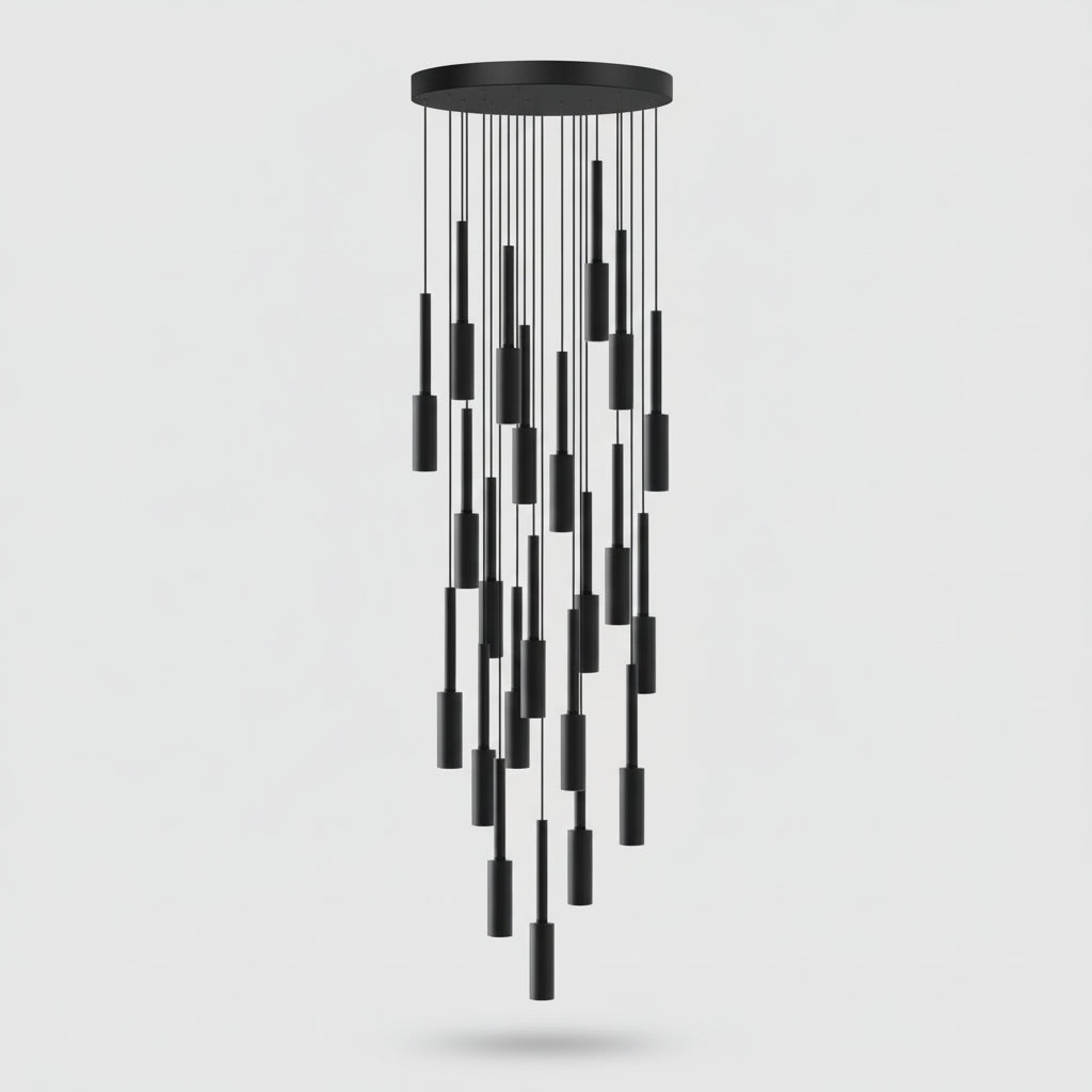 Cylindryczna lampa spotowa - żyrandol z metalu, ściemnialna, LED, do klatki schodowej i holu, regulowana, nowoczesny design, 1-30 punktów świetlnych | Sansoti