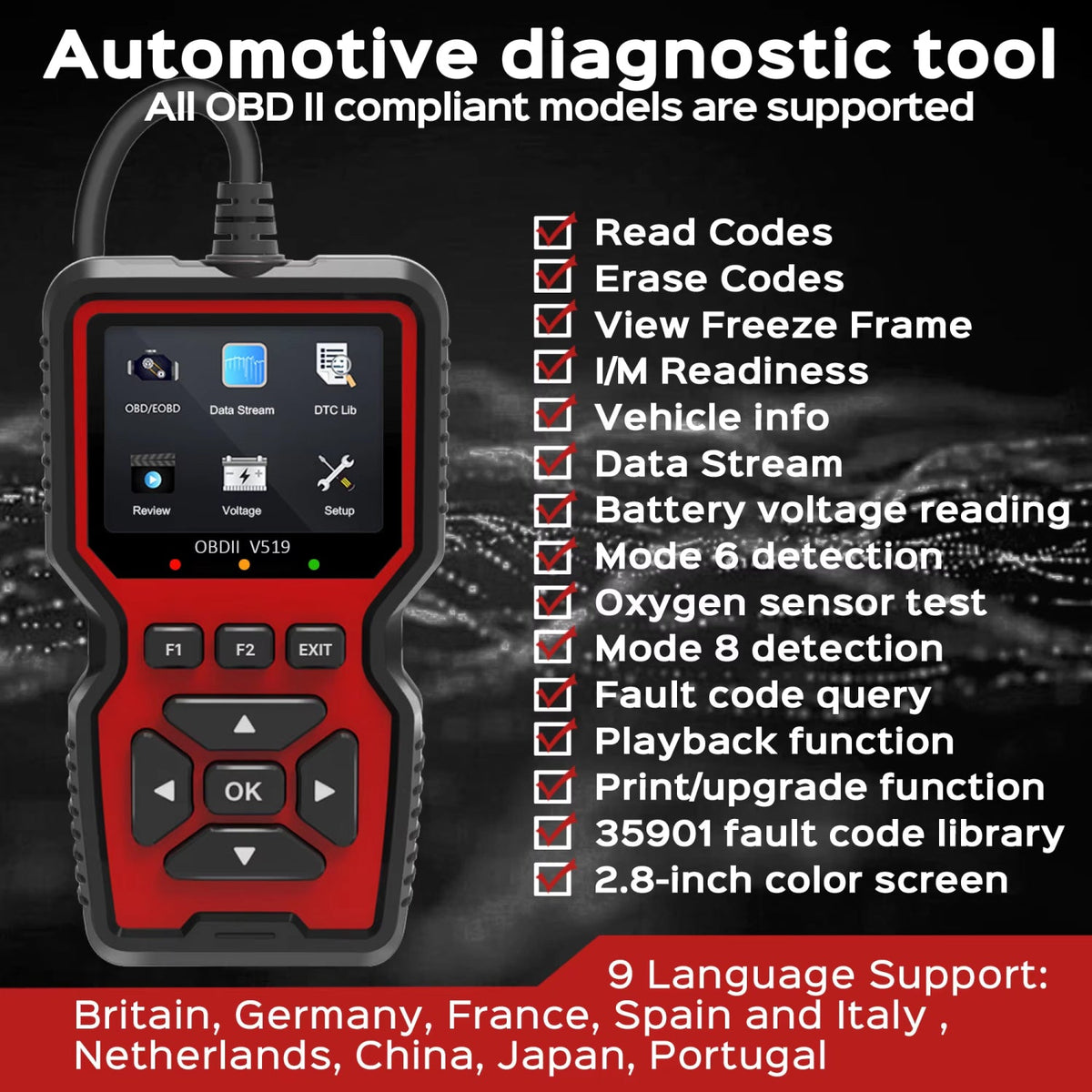 OBD2-Fahrzeugdiagnosetester mit Farbdisplay, Live-Datenüberwachung und Fehlercodeauslesung für Autos und Motorräder | Sansoti