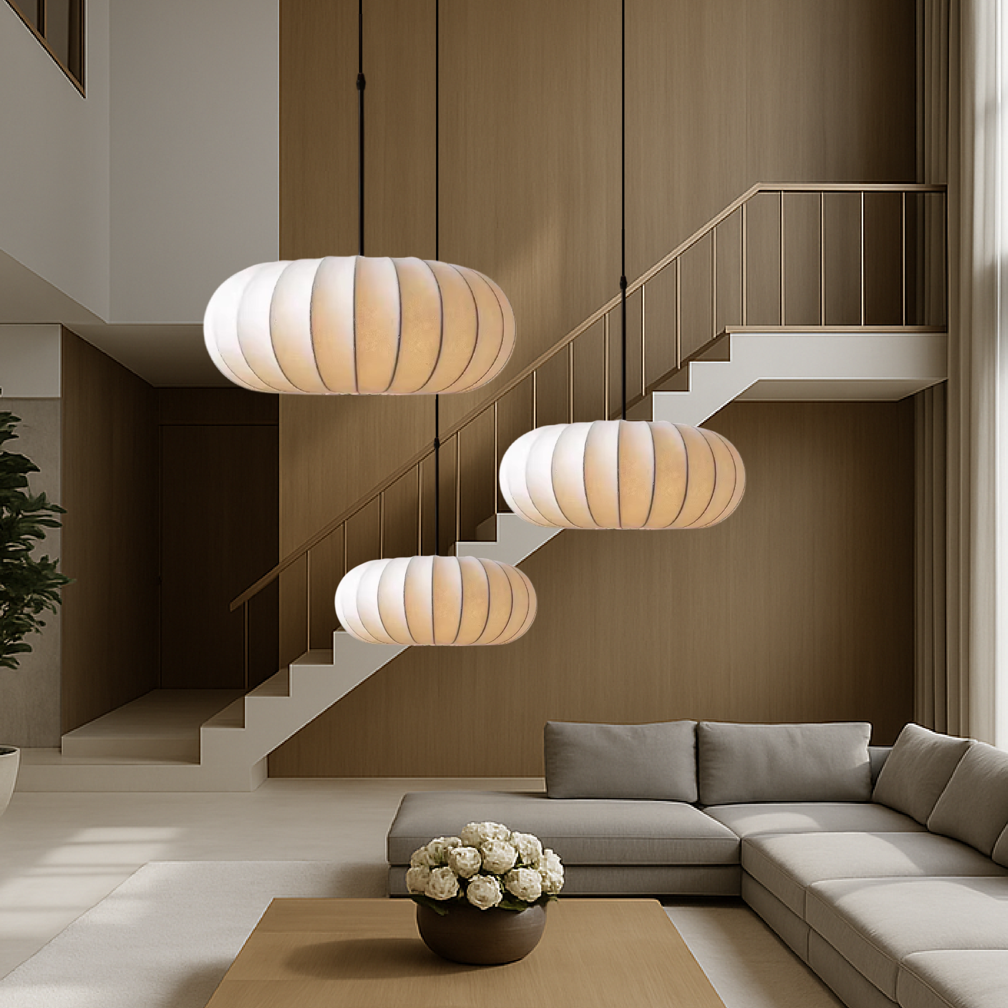 Pendelleuchte mit Seidenschirm Ø30-50cm Warmweiß LED 3000K Esstisch Kücheninsel Wohnzimmer Deckenbeleuchtung | Sansoti