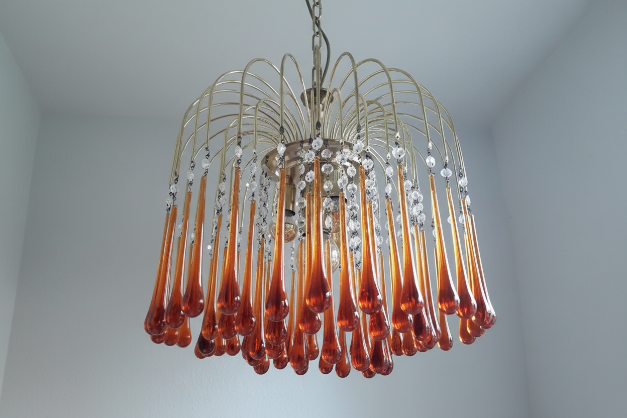 Hanglamp Amberglas E27 Goud Ø60cm Druppels Kristal Woonkamer Eetkamer Hal Kroonluchter Murano Stijl Art Deco | Sansoti