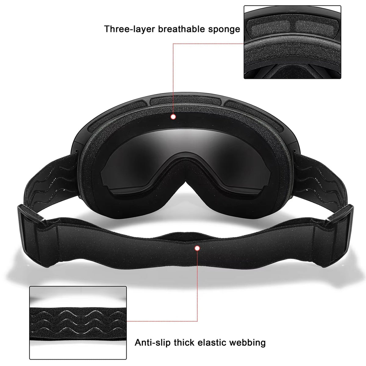 Skibrille mit Antibeschlag-Doppellinse, UV400-Schutz und Over-the-Glasses-Design für Wintersport und Snowboarden | Sansoti