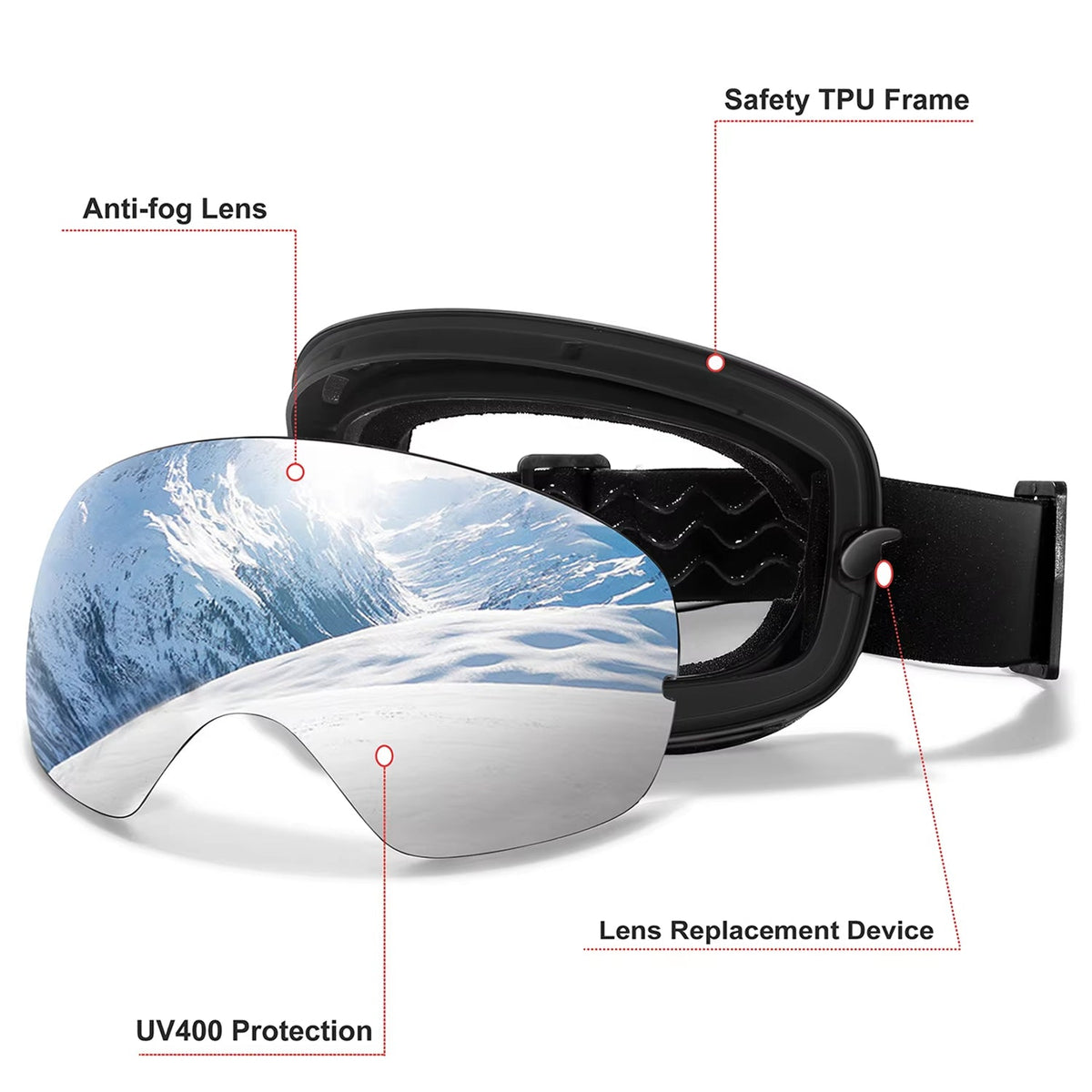 Skibrille mit Antibeschlag-Doppellinse, UV400-Schutz und Over-the-Glasses-Design für Wintersport und Snowboarden | Sansoti