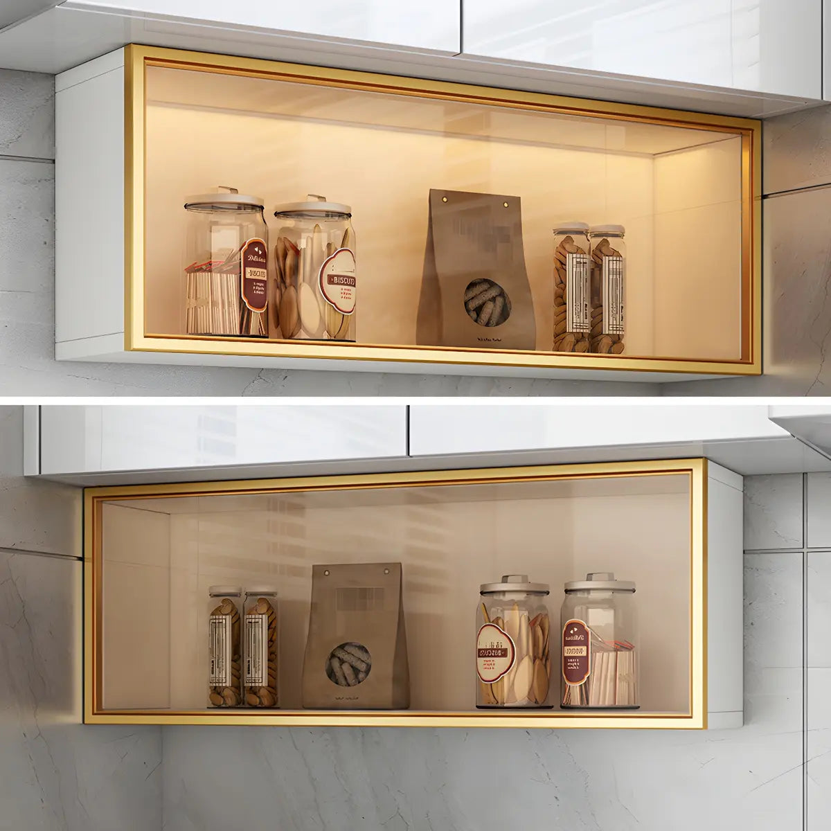 Wandschrank Glastür Holz Weiß Grau 5 Größen LED Küche Wohnzimmer Vitrine | Restfield