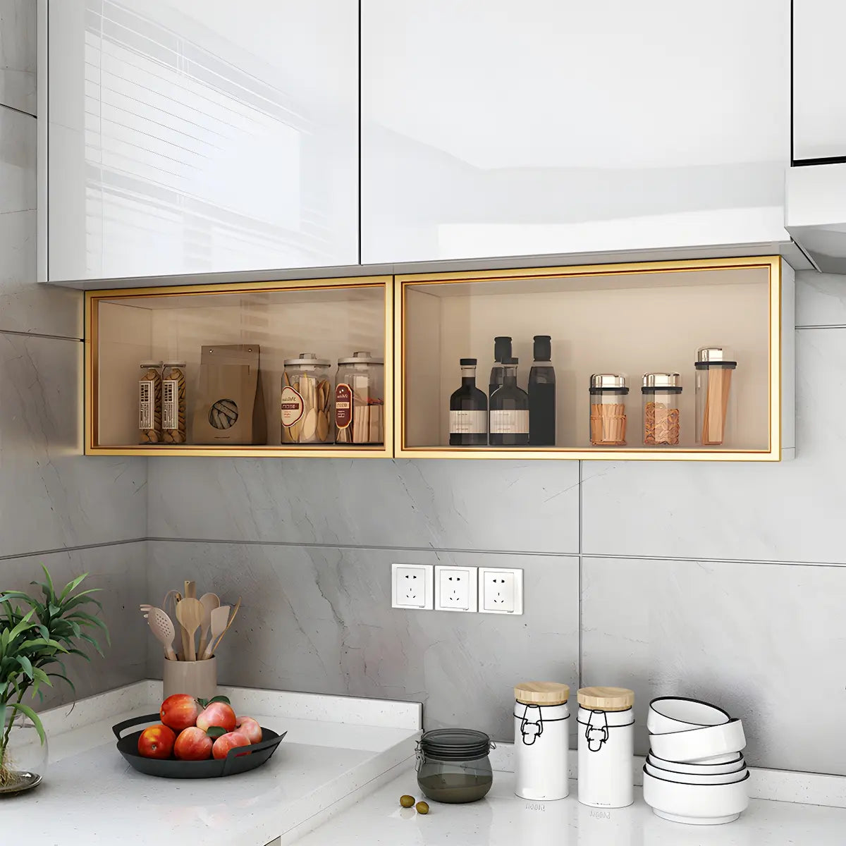Wandschrank Glastür Holz Weiß Grau 5 Größen LED Küche Wohnzimmer Vitrine | Restfield