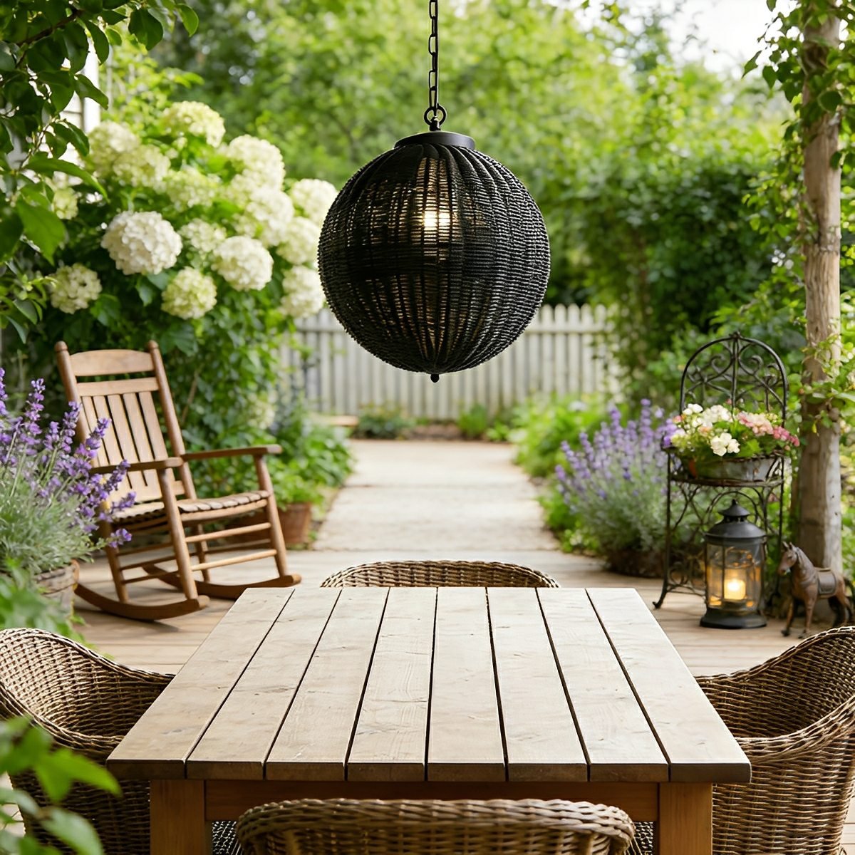 Hanglamp Buiten Rotan Zwart E27 Tuin Retro Ronde Buitenlamp Verstelbaar Snoer Patio Veranda Buitenverlichting Landelijk | Sansoti
