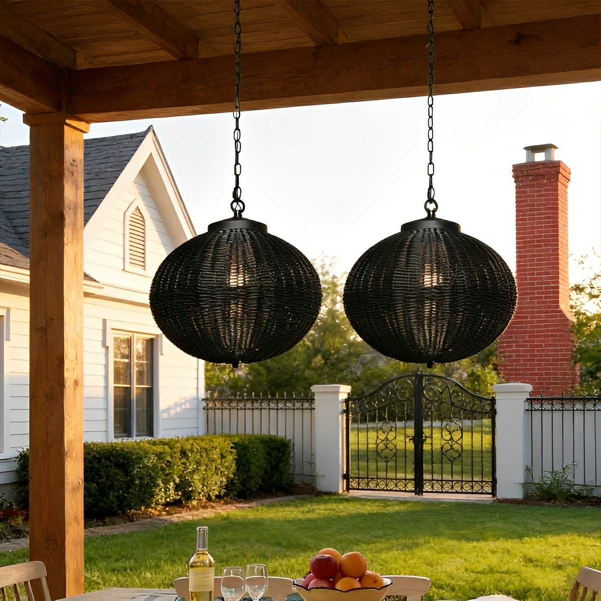 Hanglamp Buiten Rotan Zwart E27 Tuin Retro Ronde Buitenlamp Verstelbaar Snoer Patio Veranda Buitenverlichting Landelijk | Sansoti