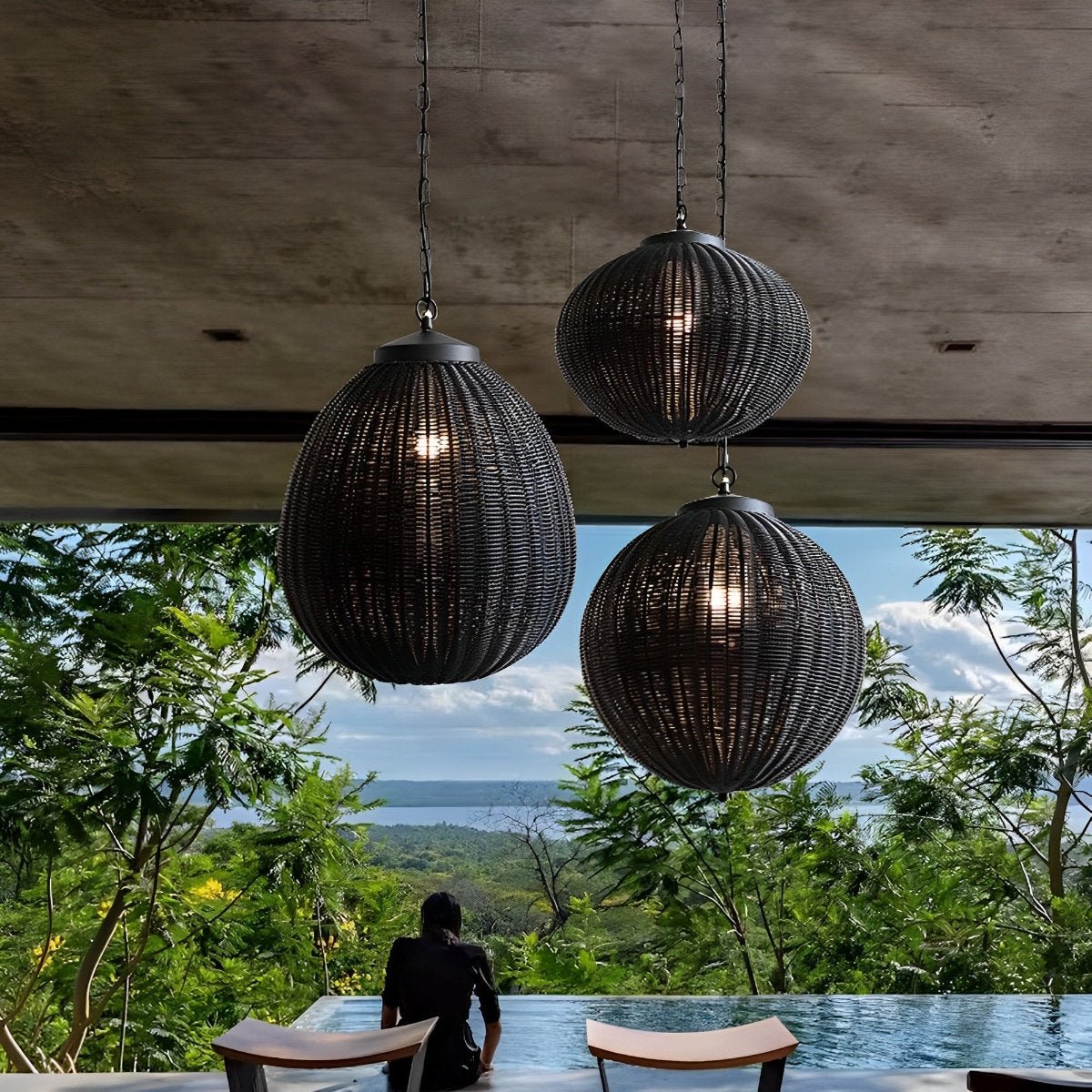 Hanglamp Buiten Rotan Zwart E27 Tuin Retro Ronde Buitenlamp Verstelbaar Snoer Patio Veranda Buitenverlichting Landelijk | Sansoti