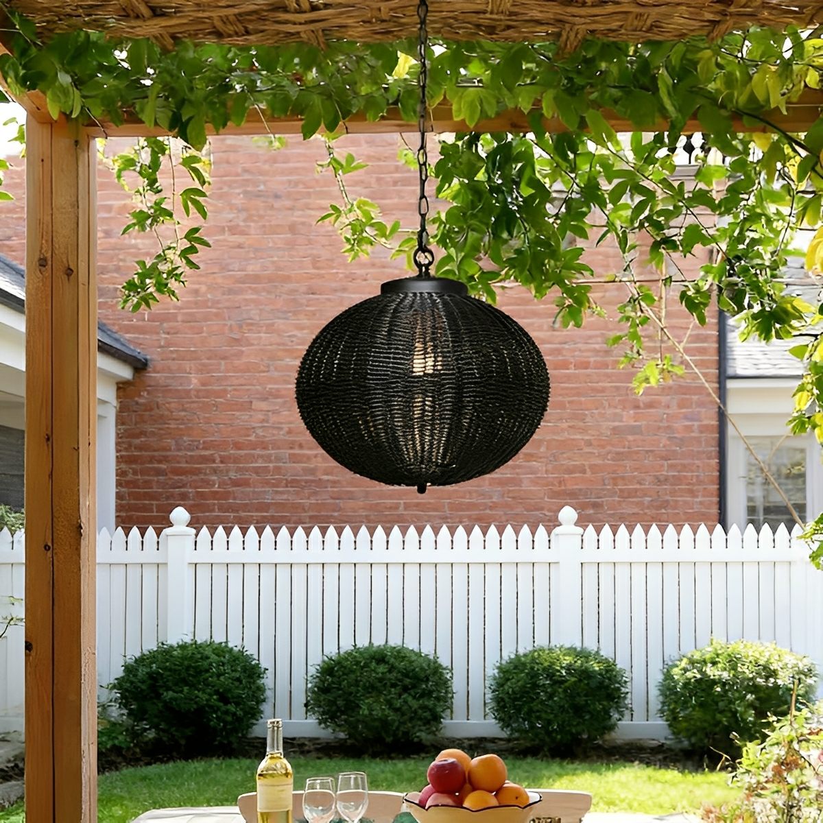 Hanglamp Buiten Rotan Zwart E27 Tuin Retro Ronde Buitenlamp Verstelbaar Snoer Patio Veranda Buitenverlichting Landelijk | Sansoti