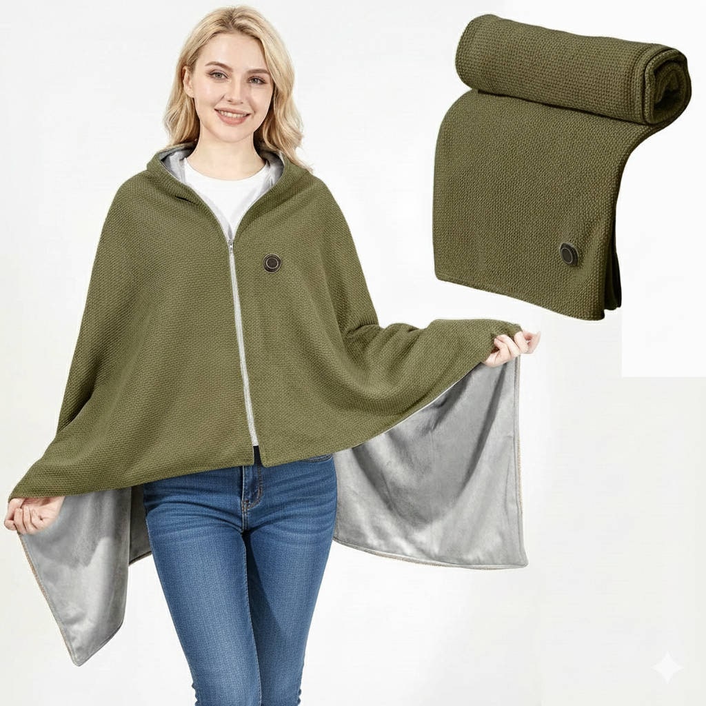 Beheizbare Wickeldecke USB 150x80 cm Waffelstoff-Fleece mit Kapuze Grau Khaki Grün Rot für die Arbeit von zu Hause | Sansoti