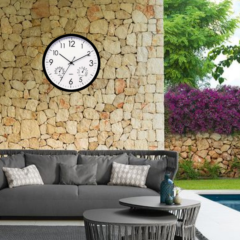 Outdoor Clock with Thermometer Weatherproof Analog Large Black White for Garden Patio Balcony Retro Design | Sansoti