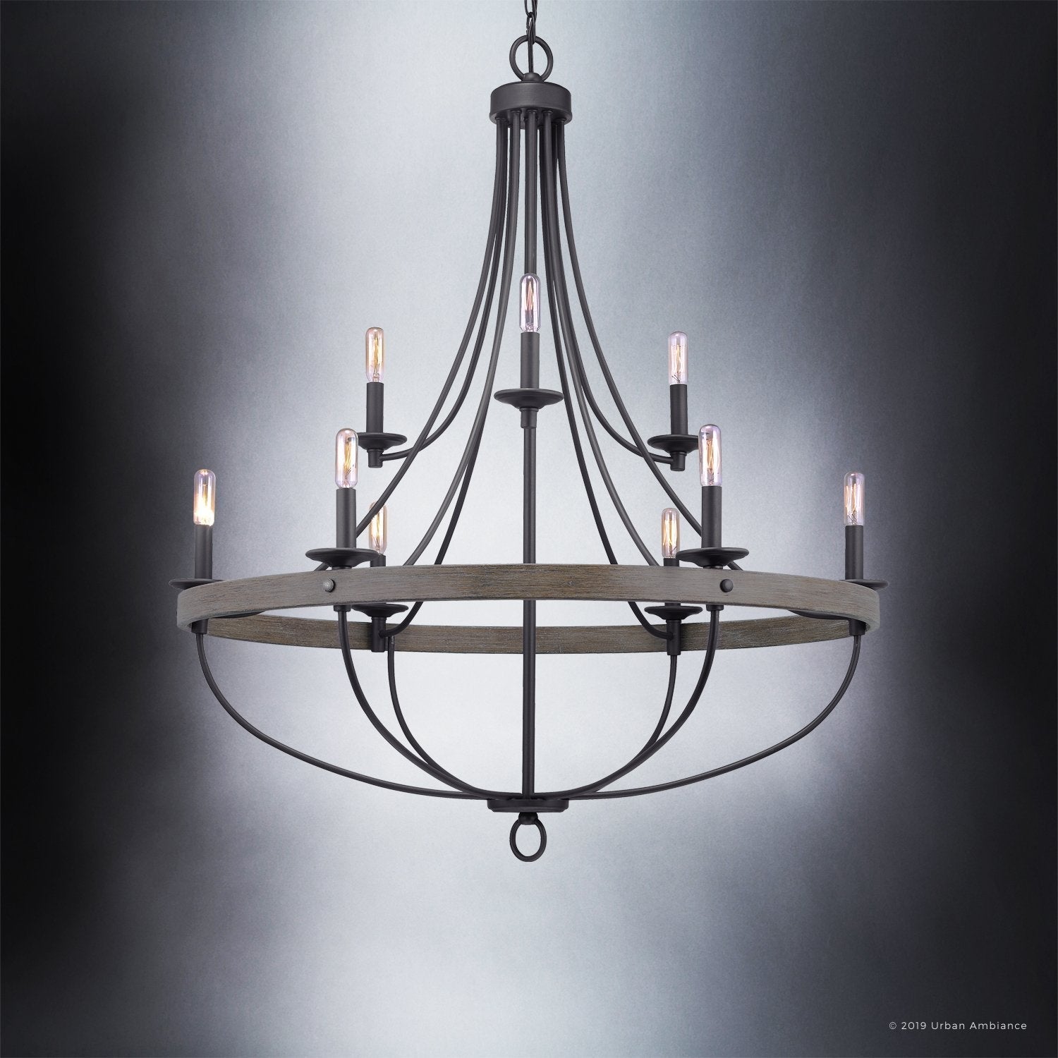 Kroonluchter Industrieel Rond Houtlook Staal Charcoal 90cm 9 Lichts | Sansoti