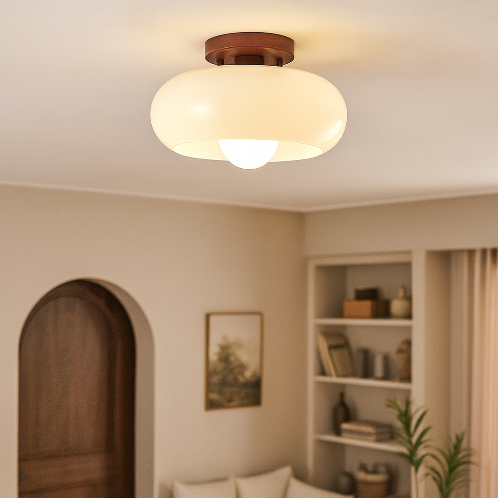 Bauhaus Plafondlamp Rond met Opaal Glas en Houtdetail – Scandinavisch Design met Warme Sfeerverlichting | Sansoti