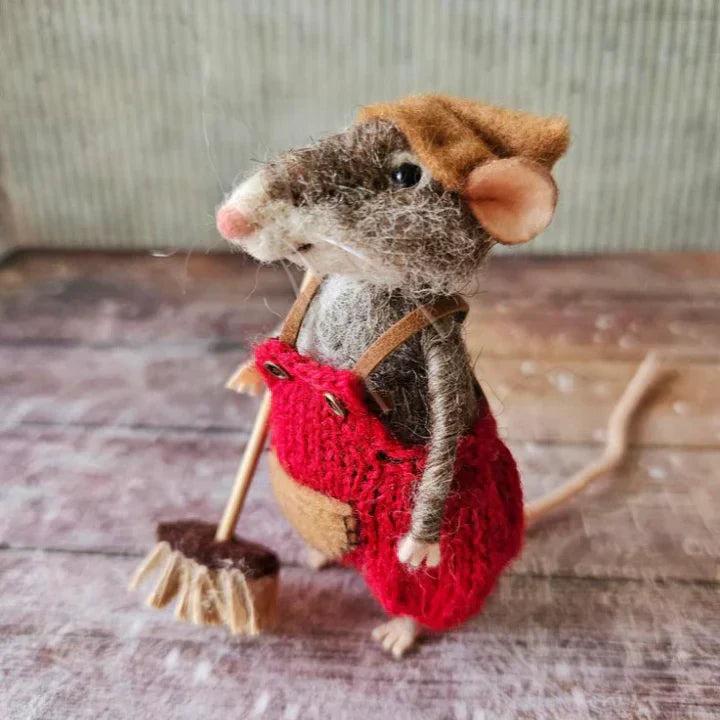 Handmade Felt Mouse Decorative Figurine - Wool & Leather - 7,6 cm - Cute Ornament for Seasonal Décor | Sansoti